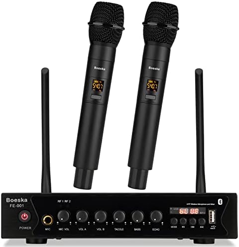 Wireless Microphone System, 262ft Range UHF Dual Cordless Handheld Mic Set for Home Karaoke, Singing, Speech, Party, Meeting, Church (Black (w Battery))