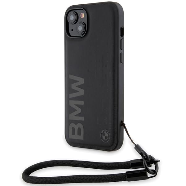 CG MOBILE BMW BMHCP15M23RMRLK Coque pour iPhone 15 Plus / 14 Plus 6,7 Pouces Noir Étui Rigide Signature Cuir Mot-Symbole Cordon