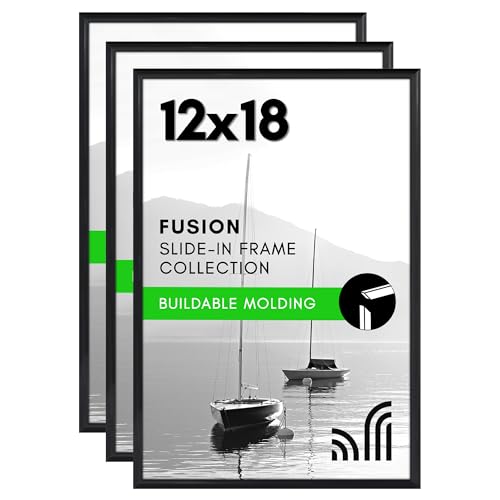 Americanflat 12x18 Poster Frame with Polished Front Cover - Set of 3 - Slide-In Photo Frame with Buildable Molding - Fusion Collection - Picture Frames for Wall Display - Black