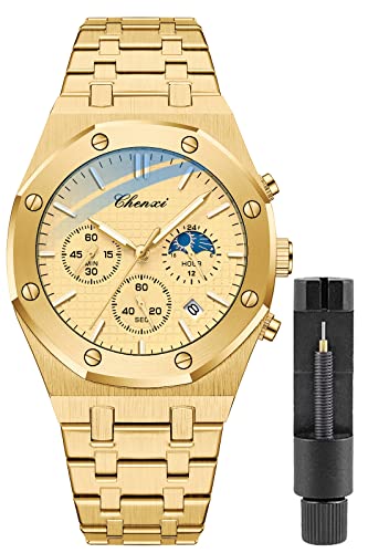 Gosasa Luxury Men's Watch Chronography Business Quartz Watch for Men Calendar Luminous Fashion Male Wristwatch Waterproof Stainless Steel Strap (Gold 2)