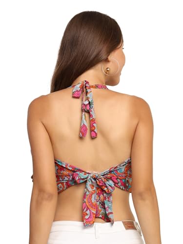 Image of KE KANHA EXPORTS Halter Neck Wrap Top|top for Women|Backless Tops for Women|Halter Neck Tops|Adjustable wrap Waist|Boho Beach Border Print|Easily fits S-M|Bust30-36Inch|LengthUpTo 18Inch