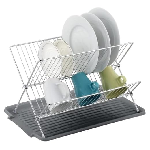 J&V TEXTILES Foldable Dish Drying Rack with Drainboard, Stainless Steel 2 Tier Dish Drainer Rack, Collapsible Dish Drainer, Folding Dish Rack for Kitchen Sink, Countertop, Cutlery, Plates (Gray)