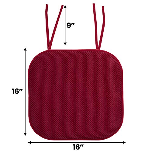 Sweet Home Collection Chair Cushion Memory Foam Pads With Ties Honeycomb Pattern Slip Non Skid Rubber Back Rounded Square 16" X 16" Seat Cover, 4 Pack, Wine Burgundy 4 Pack #TOP2