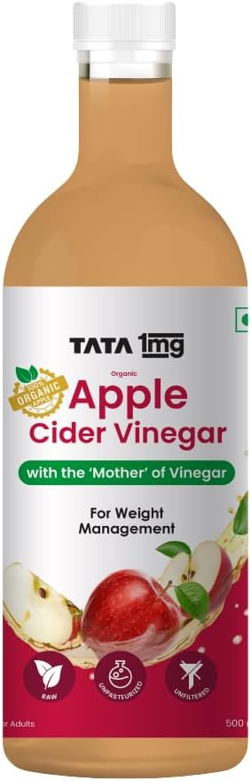 - 1MG Tata Organic Apple Cider Vinegar with The Mother of Vinegar | Supports Weight Loss, Detox & Overall Wellbeing | Raw, Unfiltered | 500ml Bottle (Pack of 1)