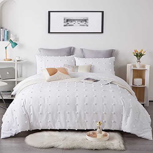 SJINC White Queen Comforter Washable Lightweight Comforter Luxury Chenille Dots Soft Comforter Set Microfiber Tufted Down Alternative Comforter Set 3 Piece for All Season
