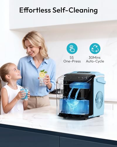 Image of EUHOMY Countertop Ice Maker Machine with Handle, 26lbs Per Day, 9 Ice Cubes Ready in 6 Mins, Auto-Cleaning Portable Ice Maker with Basket and Scoop, for Home /Kitchen /Camping /RV (Blue)