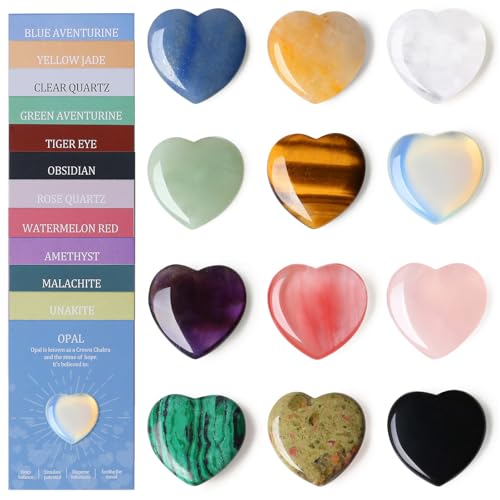 AWARDSEN 12 Stück Heilsteine Herz Edelsteine Set Pocket Kristalle Enthält 12 Karten, Mutsteine Glückssteine, Kleiner Glücksbringer Kleine Geschenke für Kinder Frauen