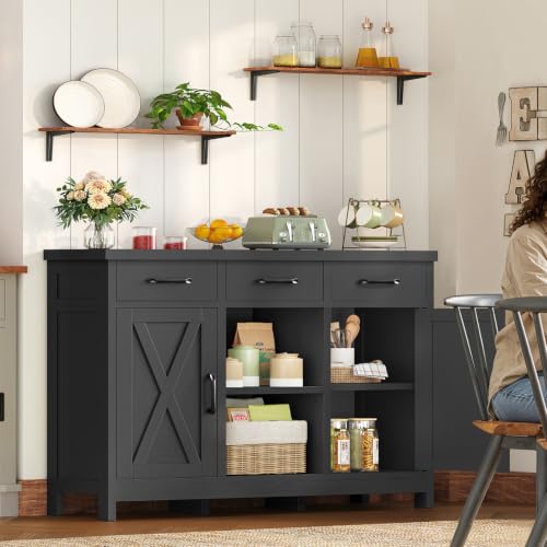 Image of TEENFON Coffee Bar Cabinet with 3 Drawers, Farmhouse Buffet Cabinet | Kitchen Buffet Sideboard Cabinet with 2 Adjustable Shelves & 2 Doors, for Kitchen Room, Dining Room, Living Room, Black