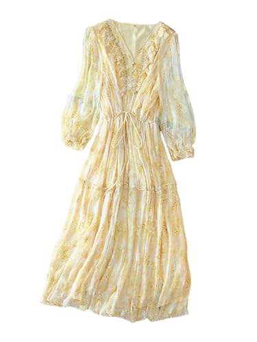 Robe en soie brodée avec col en V cordon de serrage et jupe jaune 2840