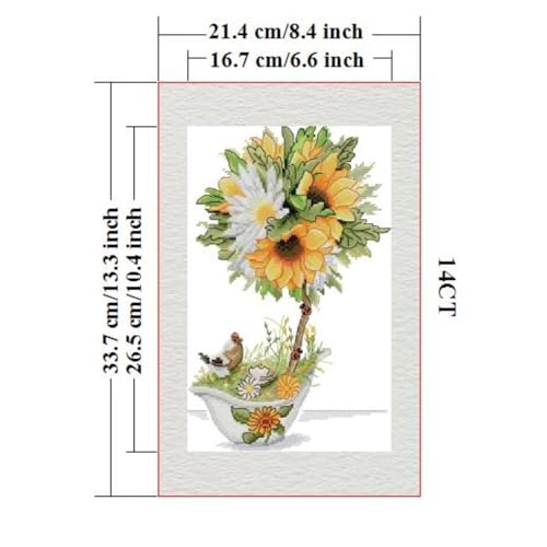Image of Stamped Cross Stitch Kits Full Range of DIY Needlepoint for Adult Beginners Pattern, for Gift and Home Decor 14CT 2 Strands Yellow Flowering Sunflower,8.3x13.4 inch