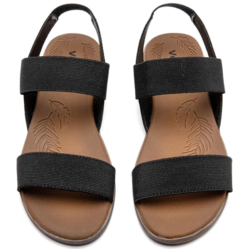 Veittes Sandalias Planas Casuales para Mujer - Sandalias Planas de Verano con Cintas Dobles Elásticas Ajustables.(2107021,BK/MF,38.5)