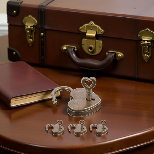 Image of 4 Pcs Lock Antique Brass Padlock with Key, Vintage Heart Shape Anti-Theft Mini Padlock Bag Travel Suitcase Luggage Box Case Key Keyed Padlocks Padlocks Hasps