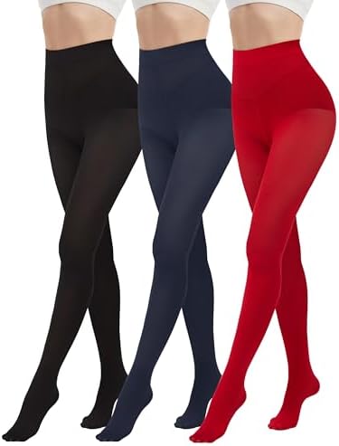 3 Pairs 80D Tights for Women Opaque Black High Waisted Stockings Womens Footed Pantyhose with Reinforced Toe