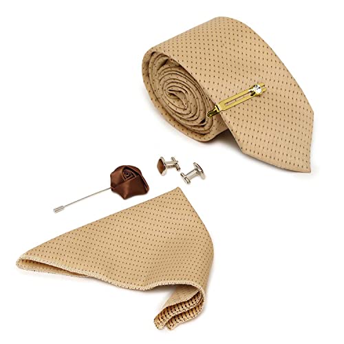 Image of MUTAQINOTI Mens Woven Premium Silk Necktie Suit Accessories Set With Pocket Square Cufflinks Brooch Golden Tie Pin (TEGP2)