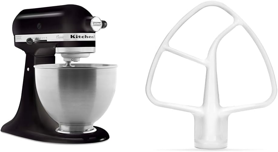 KitchenAid Classic Series 4.5 Quart Tilt-Head Stand Mixer K45SS, Onyx Black & K45B Coated Flat Beater, White, 4.5 Qt