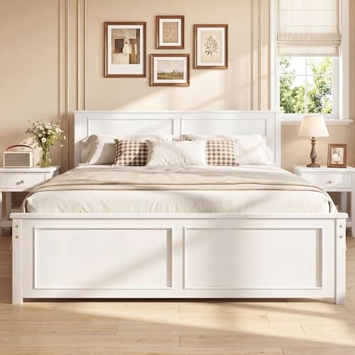 Giantex Wood Full Size Bed Frame with Headboard Farmhouse Solid Platform Bed w/Wooden Slat Support Mattress Foundation Under-Bed Storage No Box Spring Needed White