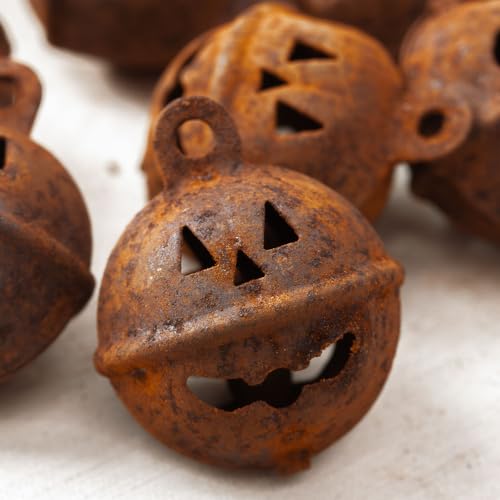 Pack of 12 Jack O' Lantern Halloween Rusted Metal Jingle Bells - Rusty Tin Pumpkin Mini Sleigh Bells - Fall Halloween Decorations (3/4