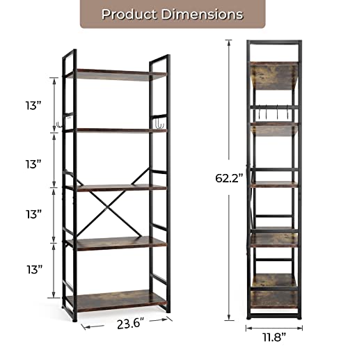 HAIOOU-Industrial-Bookshelf-5-Tier-Tall-Bookcase-with-4-Hooks-Vintage-Storage-Rack-Organizer-Free-Standing-Wood-Book-Shelf-Black-Metal-Frame-Shelving-Unit-for-Home-Office-Kitchen-Rustic-Brown