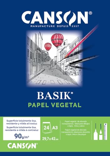 Canson Basik Vegetal, Bloc Encolado, 29,7x42cm- A3, 24 hojas, 95g, Transparente
