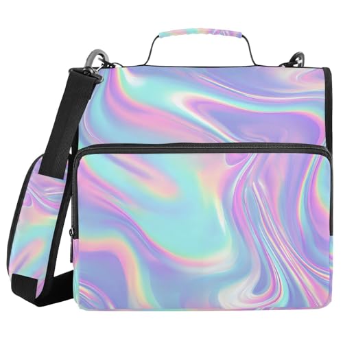 Image of Holographic Neon Pattern Iridescent Zipper Binder Bag 3 Ring Binder with Shoulder Strap Zip Up 500 Sheets Capacity Multi Pockets for School Office Supplies