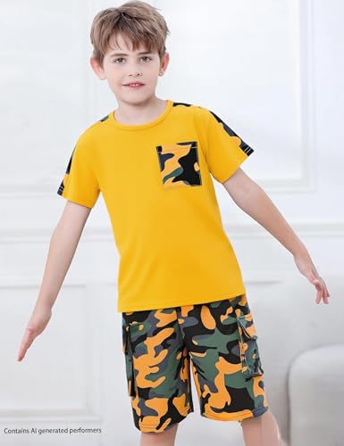 Image of mksodopy Boys Summer Outfit Set 2 Piece T Shirt and Camo Shorts Casual Clothes for Little Big Boys 5-16