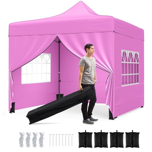 Image of Tangkula 10x10 FT Pop Up Canopy, Outdoor Tent with 4 Removable Sidewalls, Carbon Steel Frame, 4 Sandbags, 8 Stake & 4 Ropes, Wheeled Bag, Portable Canopy Tent for Party Event Camping (Pink)