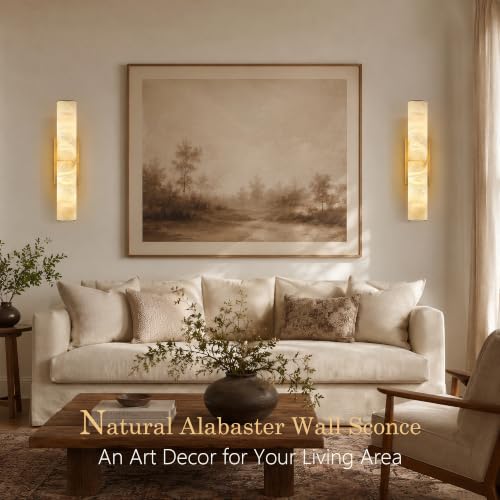 Image of 20 inch Alabaster Wall Sconce Hardwired, Spanish Natural Marble Sconces, Brass Bathroom Vanity Light, Dimmable Stone Wall Sconces Warm White, Linear Gold Alabaster Wall Light for Living Room Hallway, 1PC