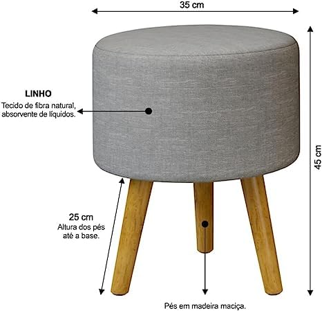 Kit 2 Puff Banquinho Redondo Decorativo em Linho Cor Cinza Pés Palito Madeira Maciça – Paris- Lojas