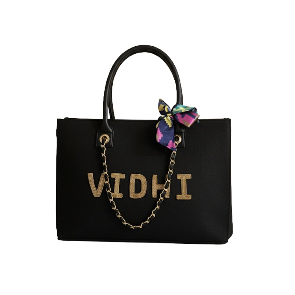 Personalized/personalised Black Tote Bag | Namebag |customised/customized Bag| Gift for her| Stylish luxury |Birthday, anniversary, wedding, new mom gift |Travel & Office Bag | Rainbow Thread House-image-35