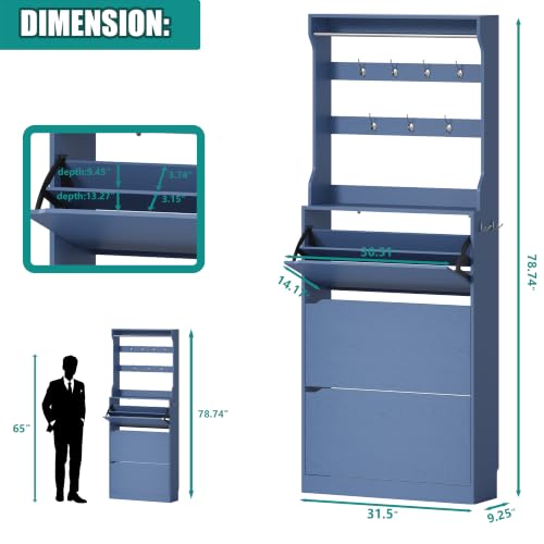 Image of Shoe Cabinet for Entryway with 3 Flip Drawers, Blue Tall Shoe Storage Cabinet with Coat Rack, Wood Narrow Slim Hidden Freestanding Shoe Rack Organizer, 2 in 1 Hall Tree for Living Room, Hallway