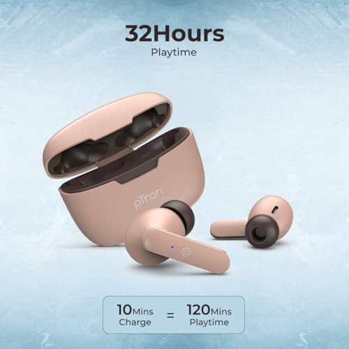 Image of pTron Basspods P81 in-Ear Wireless Earbuds, Pristine Sound, 32Hrs Playtime, Clear Calls TWS Earbuds, Bluetooth V5.1 Headphone, Type-C Fast Charging, Voice Assist & IPX4 Water Resistant (Brown)