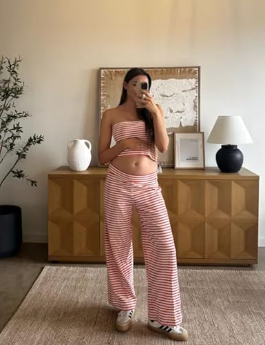 Image of Women's Striped Two Piece Sets Cropped Tube Top and Wide Leg Pants Lounge Matching set with Pockets