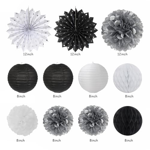 Image of Black White Silver Birthday Party-decorations - 21pcs Boys Men Happy Banner,Paper Streamers Lanterns Honeycomb,Tissue Pom Poms Fan,Adult Supplies Decor 16th 20th 40th 45th 50th 60th Huglony