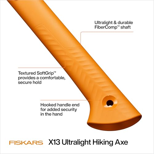 Image of Fiskars X13 Ultralight Hiking Axe 13 inch, Ultra-Sharp Forged Steel Blade for Efficient Chopping & Camping, 15% Lighter High-Visibility Orange FiberComp Handle Drives Tent Stakes, Sheath Included