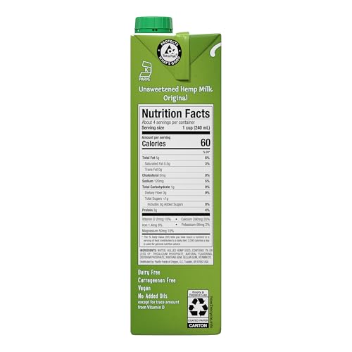 Image of Pacific Foods Unsweetened Hemp Milk, Plant Based Milk, 32 oz Carton (Pack of 6)