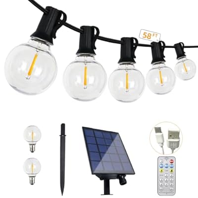 ShineU 58FT Solar String Lights Waterproof with Remote, G40 LED Dimmable Globe Outdoor Lights for Patio with 27 Edison Vintage Shatterproof Bulbs, Connectable Backyard Lights for Bistro, Porch