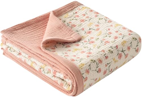 Image of Little Jump Muslin Baby Blankets for Girls, Large 47" x 47" Cotton Crib Blanket for Baby Infant Toddler, Soft Breathable and Lightweight Toddler Quilt for Girls (Peach Floral)