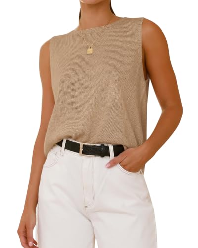 BTFBM Sleeveless Sweater Tops for Women Casual,L,Khaki