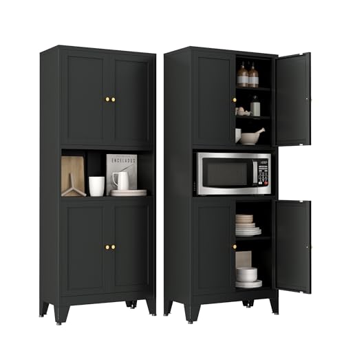 Image of 69 inch Tall Pantry Cabinet with Open Shelf,13.78 inchDeep By 28 inch Wide Storage Cabinet with Doors and Adjustable Shelves,Microwave Stand,for Kitchen Dining Room Bathroom,Black,1Pc