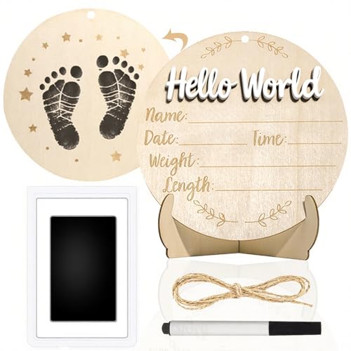 XCMVCN Baby Announcement Sign, 5.9 Inch Round Wooden Hello World Newborn Signs, Birth Announcement Sign: Equipped with Ink Pad Can Baby Handprints and...