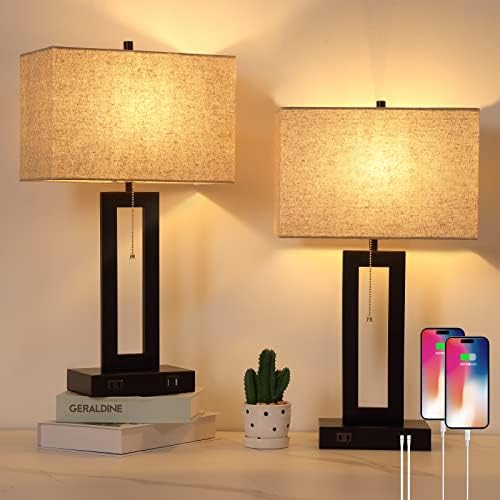 Set of 2 Table Lamps for Bedroom with 2 USB Ports and AC Outlet, Bedside Lamps with Pull Chain, Living Room Lamps for End Tables, Modern Black Lamps with Cream Shade for Nightstand Office Desk Reading