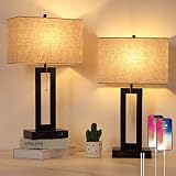 Set of 2 Table Lamps for Bedroom with 2 USB Ports and AC Outlet, Bedside Lamps with Pull Chain, Livi