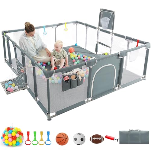Image of XNWQL Baby Playpen, 79"x71" Indoor & Outdoor Playpen with Breathable Play Pen with Ocean Balls Hanging Pocket Basketball Hoop and Football Goal
