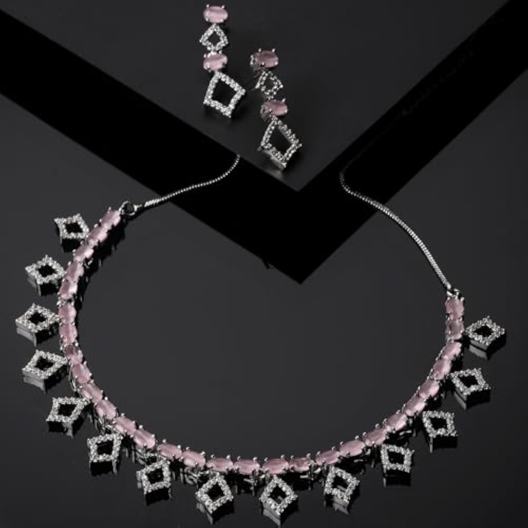 Rhodium-Plated Rectangle Shape AD Necklace Earring Set