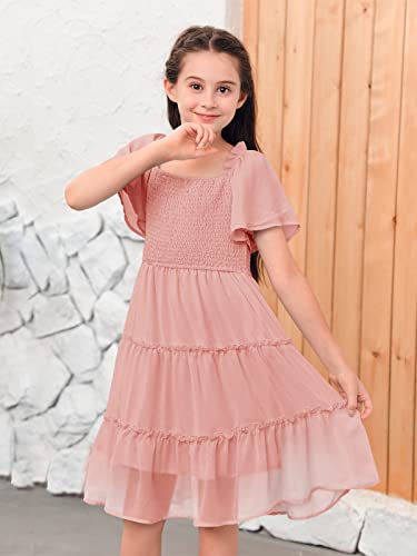 Kingdenergy Girls Summer Chiffon Casual Dress Square Neck Ruffle Short Sleeve Frilly Smocked Elastic Ruffle Hem Tulle Dresses Pink #TOP1