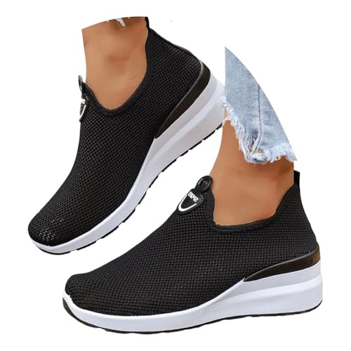 Tenis de cuña para mujer, con plataforma de malla transpirable, cómodos, ligeros, antideslizantes, atléticos, casuales, Black, 38.5 EU