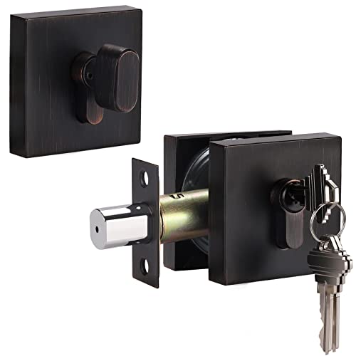 Knobwell 3 Pack Square Single Keyed Deadbolts Keyed Alike, Oil Rubbed Bronze Deadbolts Lockset For Exterior Doors/Entry Lock/Front Gate, Keyed Outside & Thumb Turn Inside #TOP15