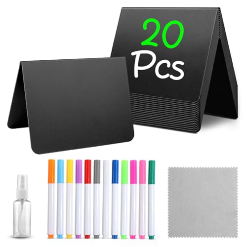 Image of Climberty 20 Pack Mini Chalkboard Signs for Table Display, Small Reusable Double-Sided A-Frame Blackboard Cards for Food Labels, Weddings & Parties, with 12 Markers, 1 Spray Bottle & 1 Wiping Cloth