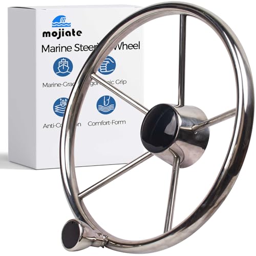 Mojiate 13 1/2 inch 5 Spoke Marine Steering Wheel| 304 Stainless Steel Destroyer Style with Knob | Universal Fit for 3/4" Tapered Shaft, Yacht/Speedboat/Pontoon