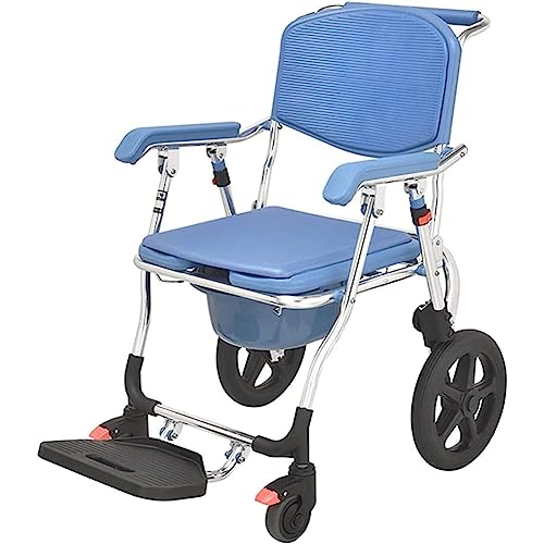 Silla Orinal Plegable Silla con WC Silla De Ducha De Aluminio Portátil/Silla De Inodoro Silla Plegable Junto A La Cama con Ruedas Reposabrazos Plegables Y Reposapiés, hasta 150 Kg
